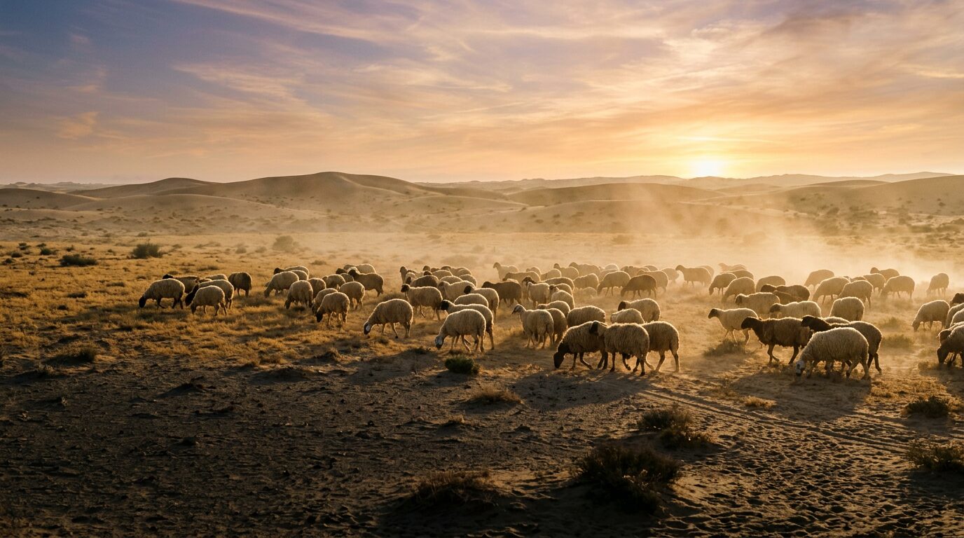 قطيع أغنام في الصحراء القطرية عند الغروب